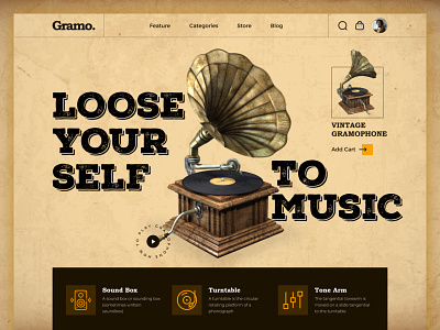 Vintage Gramophone Shop Landing Page 80s album album cover art classic classical music cpdesign creativepeoples gramophone landing page melody music music player music website retro texture trending vintage web web design