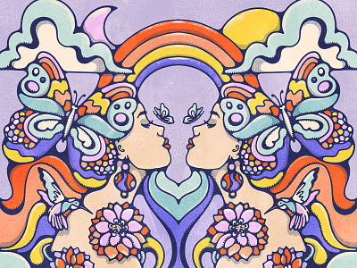 Metamorphosis 70s butterfly colorful female artist female portrait flowers girlpower groovyart hummingbird illustration metamorphosis naturelover procreate psychedelicart retro vintage illustration