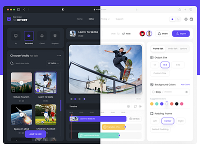 Vedio editor(dark & light mode) clean daily ui dark dark mode design designer desktop app details edit editor graphic design illustration interface minimal mobile ui movie product ui ux vedio