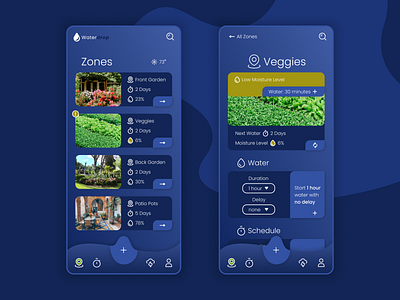 Waterdrop Irrigation App UI app bottom navigation branding design figma flowers garden gradients home irrigation landscape logo patio pots plants soil ui ux vector veggies water