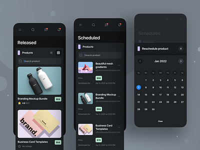 Core – Dashboard Builder – Product (Mobile view) calendar card clean clean dashboard dark mode dark theme dashboard menu minimal navigation product product dashboard rating schedule search ui ui design ux ux design web design