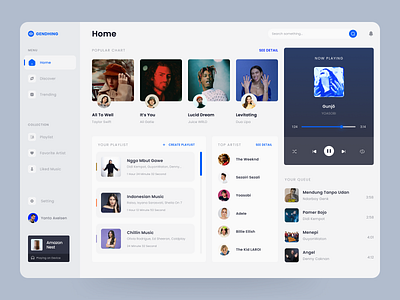 Gendhing - Music Streaming Dashboard clean dashboard elegant flat modern music music dashboard playlist recent stream streaming trending ui uiux web website