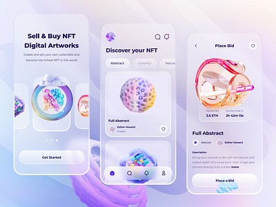 NFT Mobile App Exploration 2021 trend 2022 trend bitcoin crypto art crypto currency cryptoart ethereum futureswap futuristic glass effect glass morphism glassmorphism glassy nft nft apps rarible token