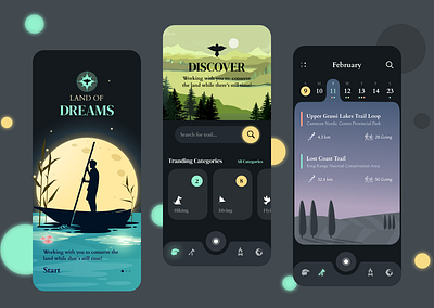 Valley of Dreams app calendar calendar app camping dark dark mode dark theme design dreams figma illustration interface ios land mobile mobile app ui uiux ux valley