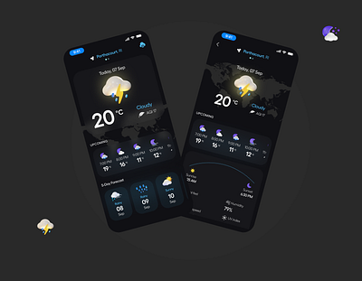 Weather widget 3d icons dark mode mobile uiux design weather widget