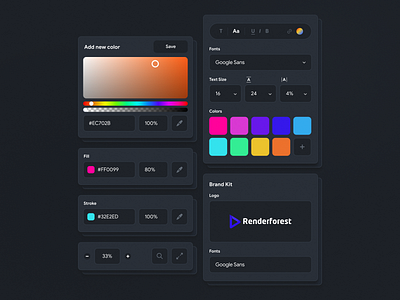 Renderforest I SaaS Tool | Graphics Editor app application clean colors dark dark ui design system design tool details font graphic editor minimal product saas style guide ui ui kit ux webapp