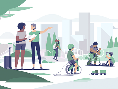 Connectd ai artwork assistance character city editorial flat graphic design help illustration illustrator landscape park relax repair scene scenery support vector vectorart