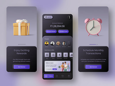 Payzo App for money management (conceptual) 3dbottomnavigation 3dillustration blurred darkgradient darkui minimal mobilepaymentapp mobilewallet moneymanagement moneymanagementapp phonepaymentapp scanqr skeumorphic skeumorphicbuttons skeumorphism ui design walletapp