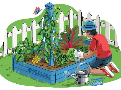 Burpee gardening scene editorial illustration flowers garden garden illustration gardening illustration outdoors planting plants website illustration wildlife