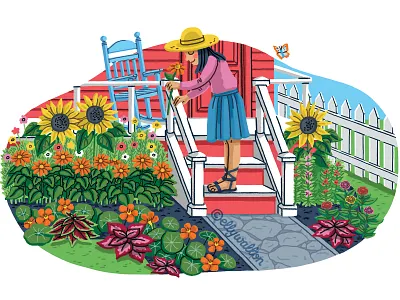 Burpee gardening scene editorial illustration flowers garden garden illustration gardening health illustration nature outdoors planting plants website illustration wildlife