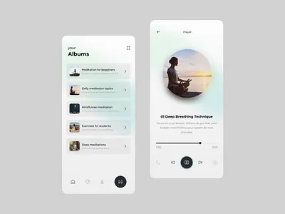 Meditation App android appdesign button design ios list meditate meditation minimal mobile player playlist podcast song tabbar ui