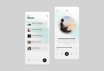 Meditation App android appdesign button design ios list meditate meditation minimal mobile player playlist podcast song tabbar ui