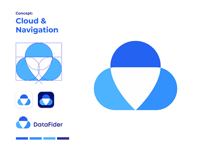Logo concept of Cloud & Navigation (unused for sale) app app logo blue brand identity branding cloud colorful data design finding location logo logosohel map modern logo pin sky tech technology