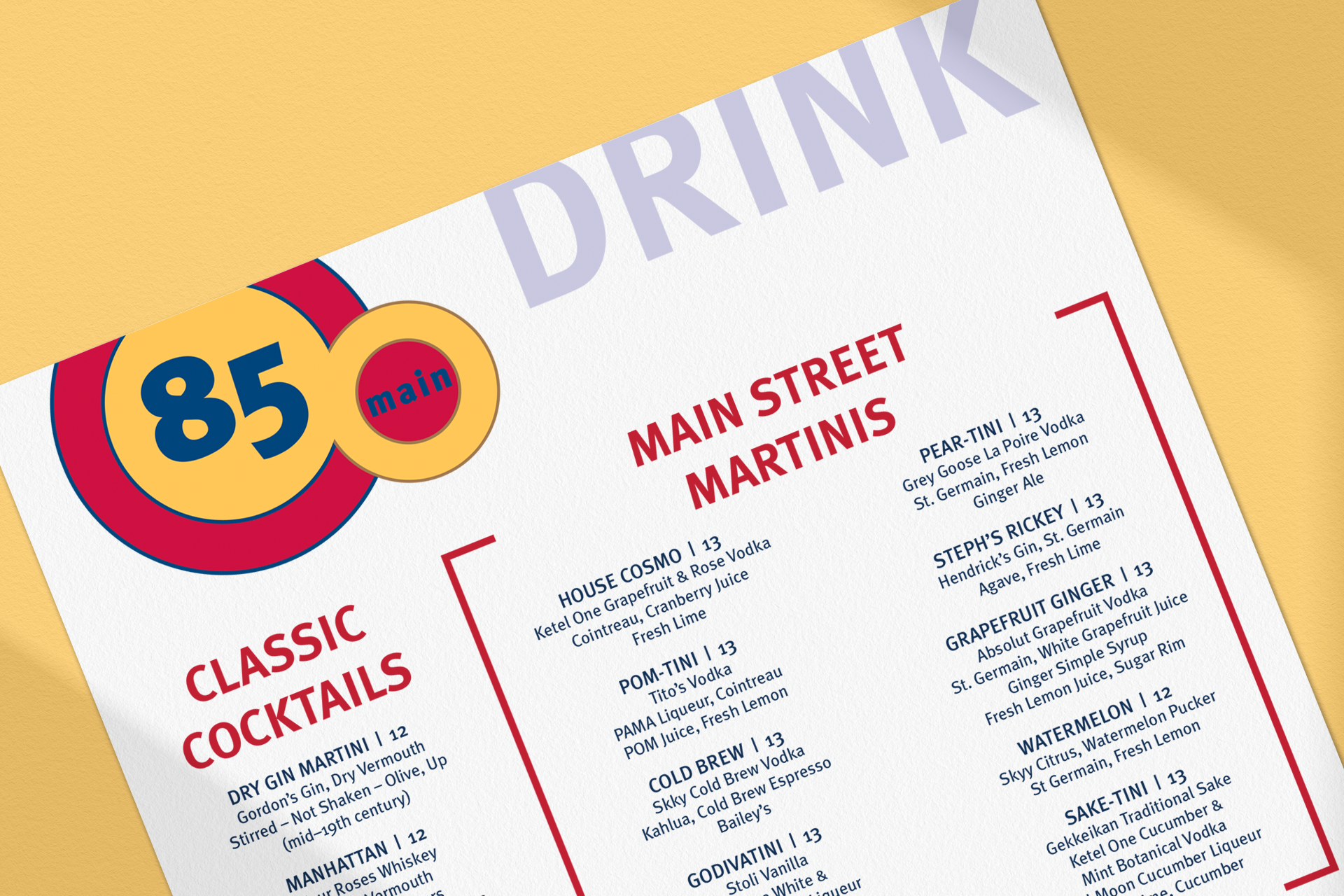 Example of 85 Main - Restaurant Menu