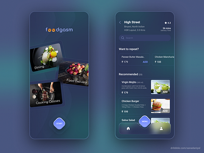 Foodgasm : Food Delivery app concept app branding dark ui design food food delivery glass glassmorphic glassmorphism graphic design logo minimal ui mobile mobile app ui ui ux user experience user interface ux web