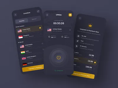 VPNite - VPN Mobile App UI Kit browser connection dark mode internet mobile mobile app privacy profile proxy safe secure security server speed test ui ui kit uiux ux vpn vpn app