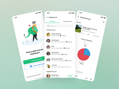 Holeswing - Login, Follower List, Summary (Light Mode) app friend list golf golf course golf match golf range golf round green ios login match mobile app scoring sign in social profile sports app summary ui ui kit ux