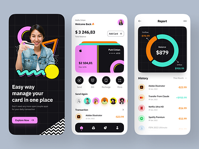 OnePlace – Mobile Finance 💳 bank app billing app black colorful ui cool finance finnance app mangement app minimalist mobile mobile ui money nft retro trend 2022 ui