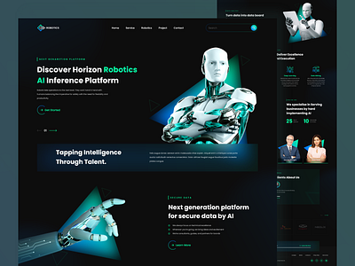 Robotics (AI) Web Page Design ai artificial intelligence dark theme design futuristic interface landing page machine learning robot robotics technology ui ui design ux web web concept web developers web development company web ui website development