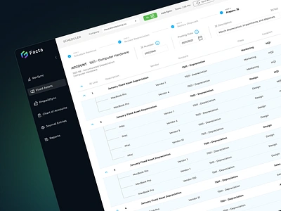 Facta - bookkeeping cloud-based platform accountant bookkeeping controlling dark mode data analysis data management data tables financial data finence table web app