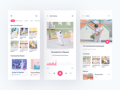 MusicNauts | Music Player Mobile App Exploration artist clean clean ui design detail home minimalis mobile app mobile design music music player photos player podcast podcast stream soft color stream trending ui ux