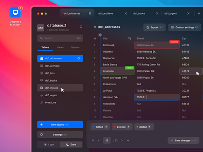 Database Manager software for Mac app columns dark dark theme dashboard database desktop app lists menu queries rows search settings shortcuts switch table tabs theme views webapp