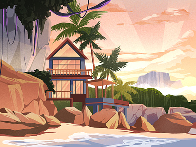 Ocean view architecture artwork beach houses illustration lake mountain ocean palm palm trees sun