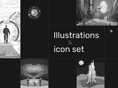 Illustrations and icon set for social media app app astronaut black future icon illustration mobile monument planet science set social network space spaceship ui white