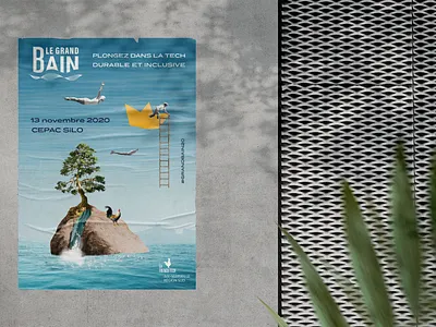 La grand bain festival poster branding colorful cut design festival french tech fun illustration island marseille mockup nature paper cut playful poster pétanque rooster sea sun tree