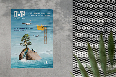 La grand bain festival poster branding colorful cut design festival french tech fun illustration island marseille mockup nature paper cut playful poster pétanque rooster sea sun tree