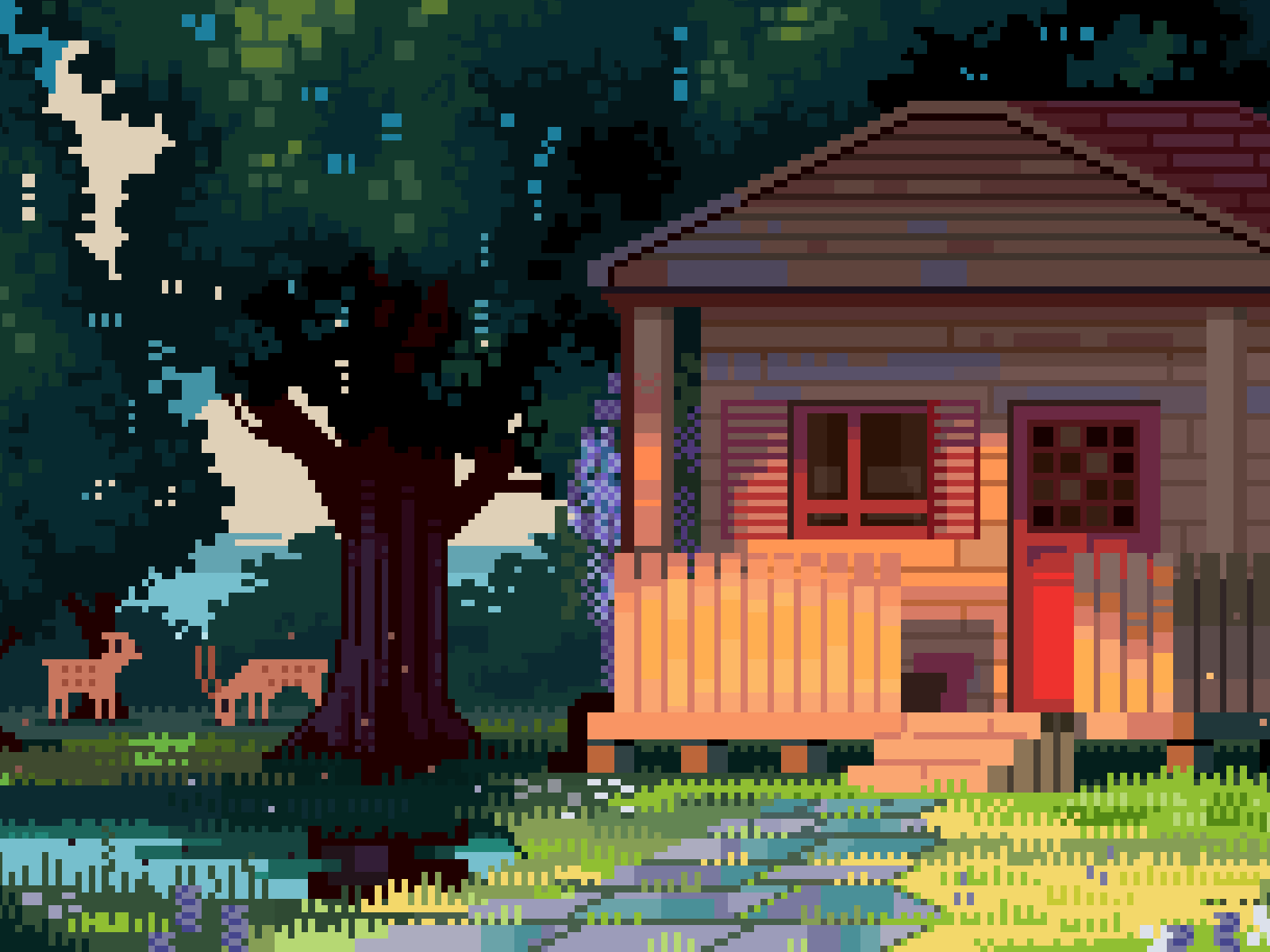 Cabin in the Woods 8bit aesthetic contrast design forest ghibli illustration pixelart retro