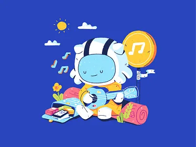 Chill with Guitar astromot astronaut blue bright character chill color cute fantasy guitar illustration illustrator monster music playful yellow