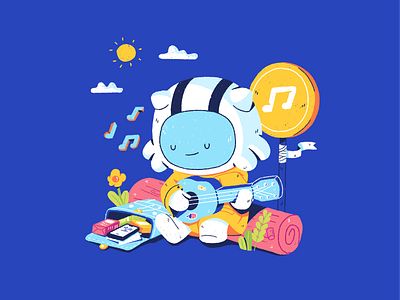 Chill with Guitar astromot astronaut blue bright character chill color cute fantasy guitar illustration illustrator monster music playful yellow