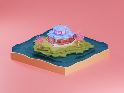 Shirne 3d blender illustration isometric japan shrine