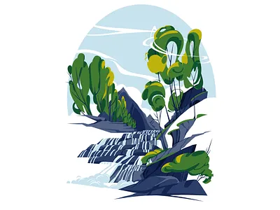 Waterfall vector landscape adobeillustrator environment illustration landscape mountain nature scene season sky spring summer tree vector vector illustration waterfall