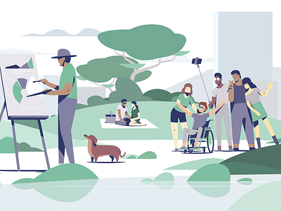 Connectd ai artwork assisance character city editorial flat friends graphic design illustration illustrator landscape painter park scene scenery sek sekond vector vectorart