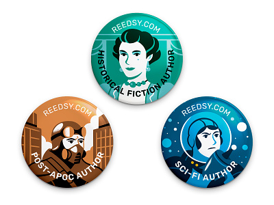 More Literary Genres badges character fiction genre illustration literary pin promo reedsy scifi