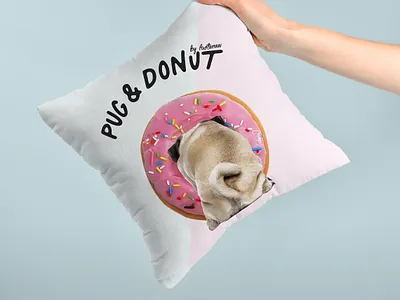 Throw Pillow Pug and Donut animals cute animal design donut drawing dribbble hand illustration lostanaw pillow product pug