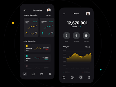 Crypto App Concept - Dark Mode app design app ui bitcoin blockchain chart crypto crypto app cryptocurrency dark mode dark theme ethereum illustration ios iphone minimal mobile app nft night mode ui design ux design