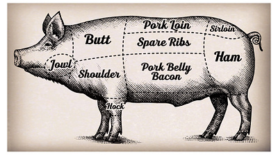 Butcher's Cuts animals artwork design engraving etching illustration line art logo pig scratchboard steven noble