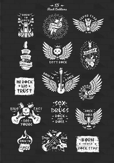 Rock logos, icons branding business card cartoon design graphic design guitar icons identity illustration interior logo modern motorcycle music objects rock rock n roll skull vector wings