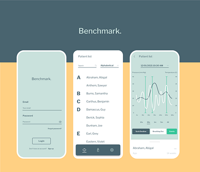 Benchmark. blue branding charts data design healthcare infant logo minimal nursing ui yellow