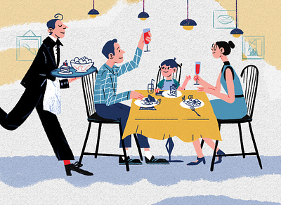 restaurant cozy dinner eating eating out family family dinner food illustration waiter