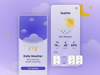 Weather App app design glass morphism illustration purple purple color pallette ui user interface weather app weather forecasts weather icons weather illustrations