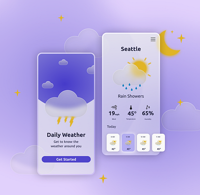 Weather App app design glass morphism illustration purple purple color pallette ui user interface weather app weather forecasts weather icons weather illustrations