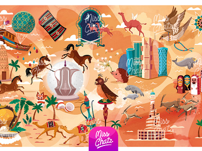 Qatar Mural arab arabian camels carpet city design doha freelance hawk illustration islamic landmarks mural palms pearl qatar qatari sketch state