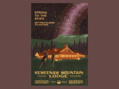 Spring to the Skies 1940s dark sky park forest hand drawn hand lettering historic illustration lettering lodge milky way mountain national park night sky spring stargazing telescope typography vintage wpa