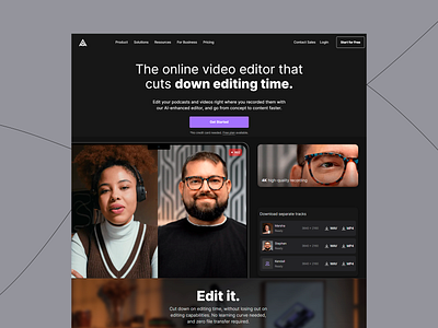 Online Video Editor - AI Platform ai enhanced editing ai powered audio editing cloud editing content creation dark theme editing software innovation modern online ditor podcast editing screen recording storyboarding tech track editing transcription user interface video editing video production visual effects