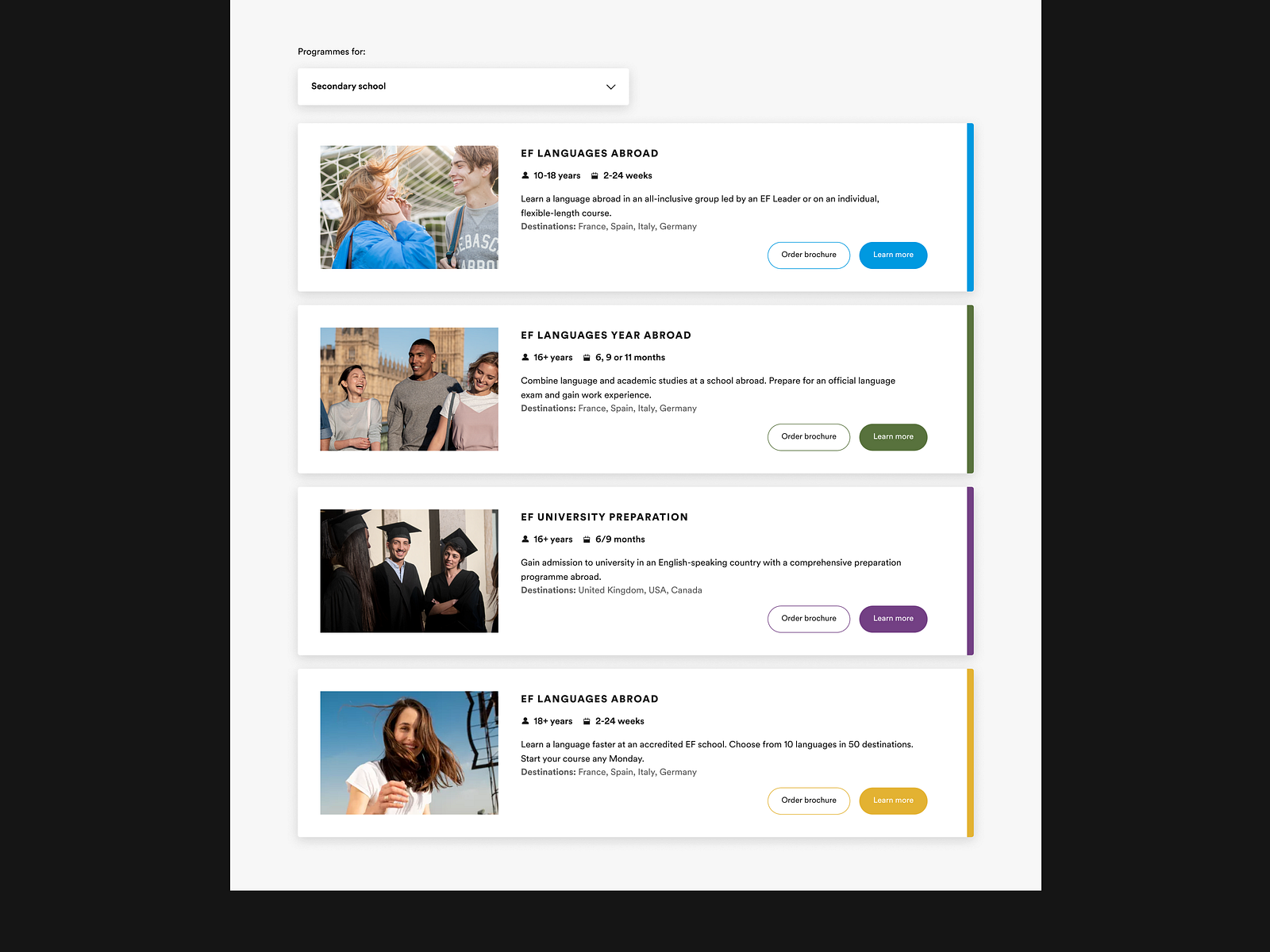 EF.COM – Program guide, horizontal cards UI by Cristina P. on Dribbble