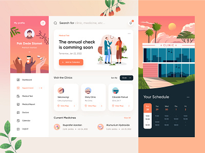 Health Clinic & Medicine Dashboard app application calendar character clinic dashboard desktop gradient hand health icons illustration medical medicine orely pills report schedule ui design website